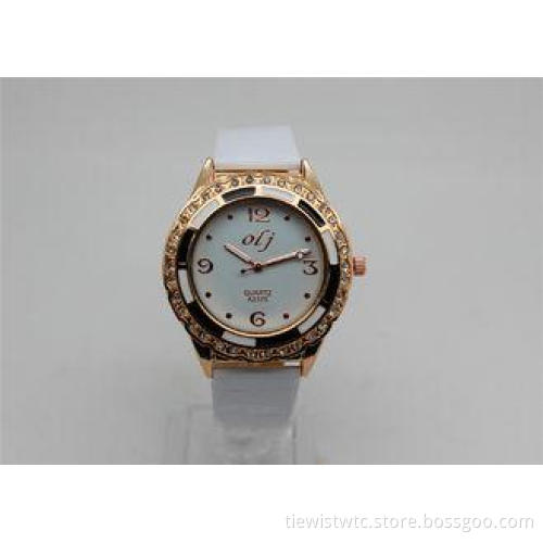Leather strap round ladies diamond watches gold color epoxy